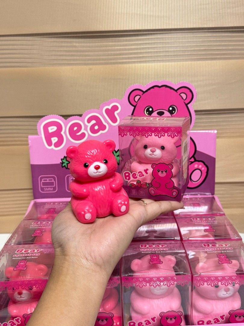 Pink Bear Squeeze Toy Stress Reliever (Category: Designer & Blind Box Toys) located in Pasay City. Submitted by clotheslinemanila (Listing ID 1468455819, Image 1). Description: - Adorable pink bear squishy toy for stress relief and relaxation - Ultra-soft texture that is super satisfying to squeeze - Available in two lovely shades: Dark Pink and Light Pink - Each piece is safely packed in an individual clear display box - Perfect as a cute desk f