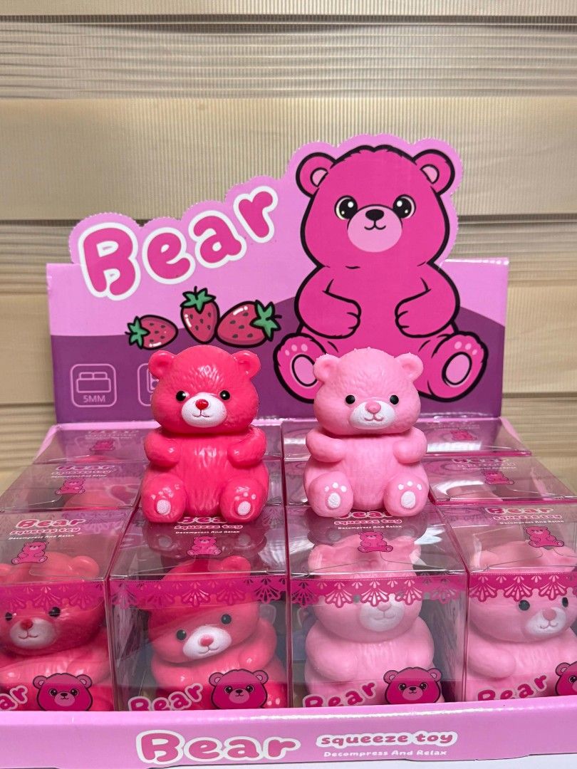 Pink Bear Squeeze Toy Stress Reliever (Category: Designer & Blind Box Toys) located in Pasay City. Submitted by clotheslinemanila (Listing ID 1468455819, Image 2). Description: - Adorable pink bear squishy toy for stress relief and relaxation - Ultra-soft texture that is super satisfying to squeeze - Available in two lovely shades: Dark Pink and Light Pink - Each piece is safely packed in an individual clear display box - Perfect as a cute desk f