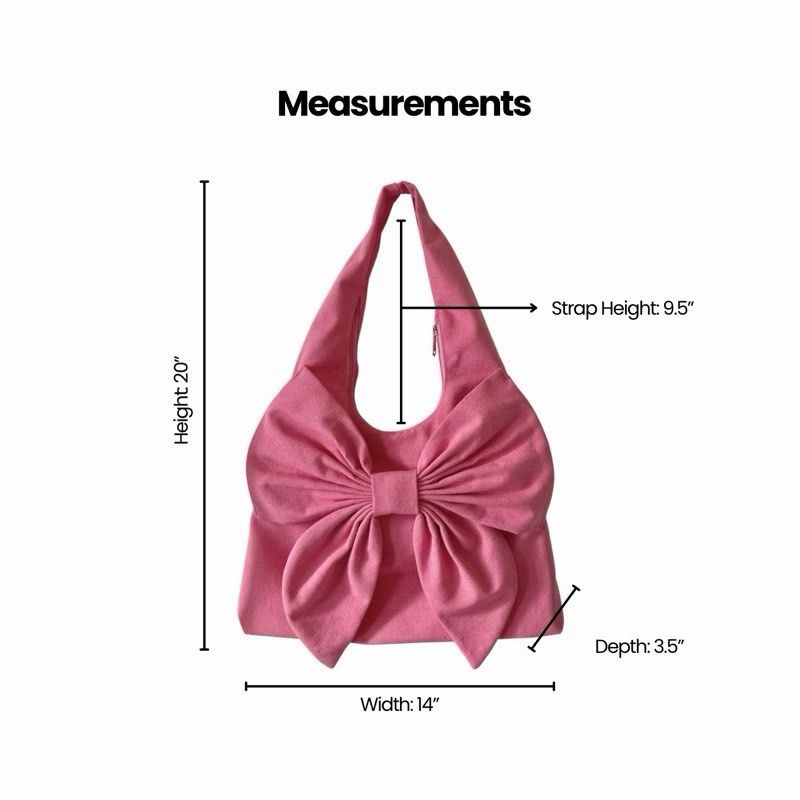 Pink Coquette Bow Shoulder Bag (Category: Shoulder Bags) located in Las Pinas. Submitted by hachimichimichiii (Listing ID 1468466837, Image 2). Description: This is a BRAND NEW PINK CANVAS RIBBON BAG featuring an oversized bow design on the front. It is spacious enough to fit a 13” laptop, making it both stylish and functional. The bag includes a D-ring for attaching keychains or small accessories, a secure zipper closure, an additional zipper co