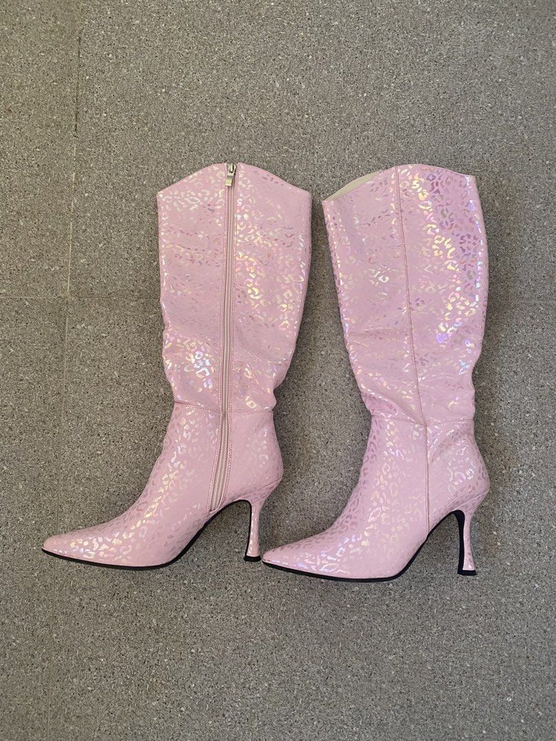 Pink Holographic Leopard Print High Heel Boots (Category: Boots) located in Pasay City. Submitted by violetttttttttttttt (Listing ID 1468356509, Image 1). Description: - Style: Pink knee-high boots with iridescent holographic leopard print - Design: Pointed toe and sleek stiletto heel - Fit & Closure: Full side zipper for easy wear, cream-colored interior lining - Size: 37 (stamped on sole) - Condition: Soles show minor wear from being tried on o