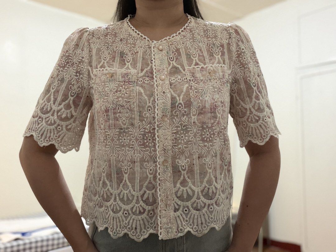 Pink Lace Floral Cropped Blouse (Category: Blouses) located in Subic. Submitted by ciesells (Listing ID 1462857036, Image 3). Description: bust: 38 - need inner - complete buttons - with two pockets in front NO REFUND STRICT BUYERS ONLY.