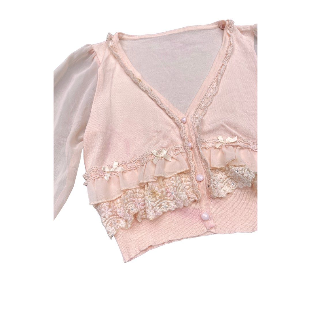 PINK SHOUJO BOLERO (Category: Others Tops) located in Baguio. Submitted by claie.bg (Listing ID 1468411023, Image 2). Description: ⊹ PINK SHOUJO BOLERO ⊹ ᰔ cutie! chiffon tela ng sleeves ᰔ may small stain lang sa lace bandaa check photos DEETS size xs to m bust 32 to 42 inches length 17 inches mine (au)- 200 washed and ready to wear! .