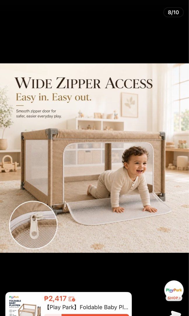 Play Park Foldable Baby Playpen (Category: Infant Playtime) located in Manila. Submitted by sherotoninmd (Listing ID 1468389384, Image 3). Description: - Color: Aesthetic beige that fits any home interior - Quick Setup: One-step fold design, no tools required - Safe & Airy: Breathable mesh panels for 360-degree visibility - Easy Access: Wide zipper door for hassle-free entry and exit - Space-Saving: Folds down compactly for easy storage in tight 