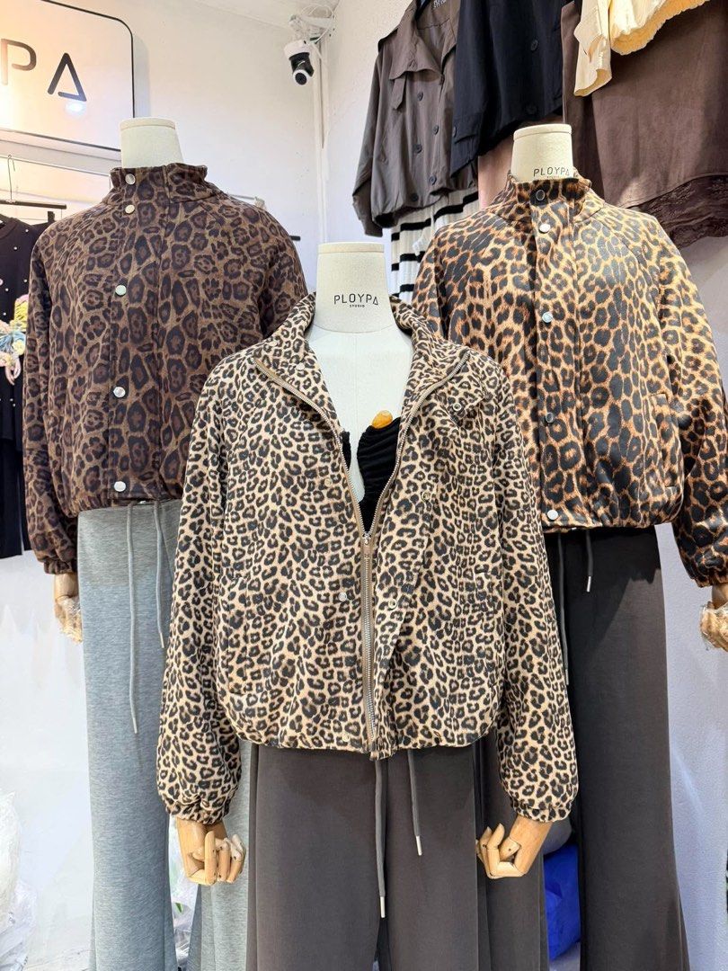 Ploypa Studio Leopard Print Jacket (Category: Coats, Jackets and Outerwear) located in Binangonan. Submitted by levizoi1854560 (Listing ID 1468359172, Image 2). Description: - Brand/Model: Ploypa Studio Leopard Print Jacket - Design: Brown and black animal print with a stylish high collar - Closure: Secure front zipper and snap buttons - Fit: Regular fit, lightweight feel, and elasticized cuffs and hem for comfort - Versatility: Perfect layering 