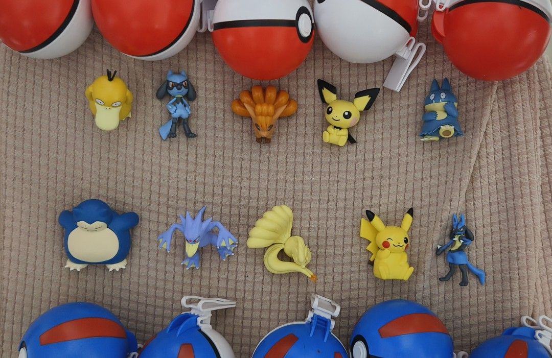 Pokemon Figures and Poké Balls Collection (Category: Figurines & Statues) located in Cainta. Submitted by jeffello (Listing ID 1468378038, Image 1). Description: Jollibee x Pokemon release. take all. No box included, as is what it is. - Assorted Pokémon mini figures including Pikachu, Snorlax, Lucario, Psyduck, and Vulpix - Includes red, white, and blue Poké Ball containers with convenient clip attachments - Features various fun poses and charact