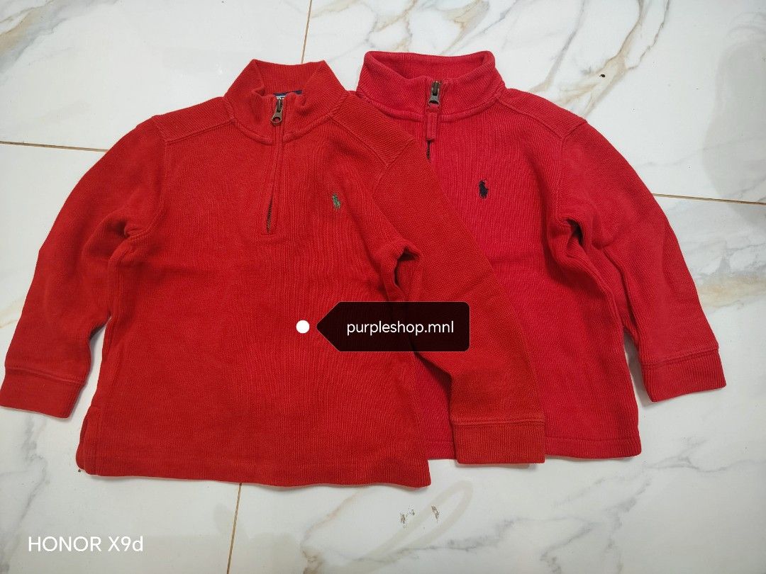 Polo by Ralph Lauren Red 1/4 Zip Pullover Bundle 2/2T 24M (Category: Babies & Kids Fashion) located in Taguig. Submitted by purpleshop.mnl (Listing ID 1468387061, Image 1). Description: ​✨ Preloved Original Polo Ralph Lauren Quarter-Zip Sweaters ✨ Perfect for cold weather, mall trips, photo shoots, or casual wear! ​📌 Details: ​Brand: Authentic Polo Ralph Lauren (RL) ​Size: 2T / Fits 2 years old ​Style: Quarter-Zip Ribbed Knit Long-Sleeve Sweater