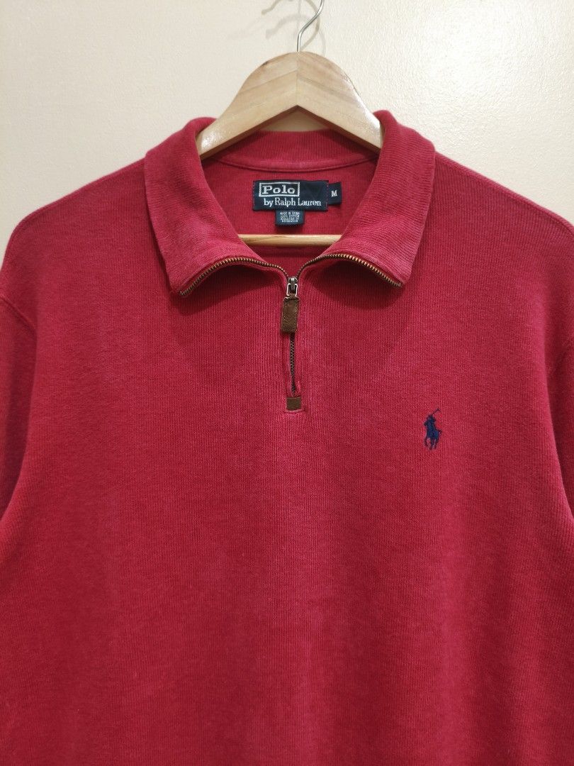 Polo by Ralph Lauren Red Quarter-Zip Pullover Sweater (Category: Coats, Jackets and Outerwear) located in Mandaluyong City. Submitted by frivsthriftsph (Listing ID 1468455630, Image 3). Description: Polo by Ralph Lauren Red Quarter-Zip Pullover Sweater Lightly used condition. Color rate is 9/10. Size M on tag. Actual dimes are 23W by 27L. No other issue aside from minimal scratches on both sleeves (see 6th and 7th photo for reference)..