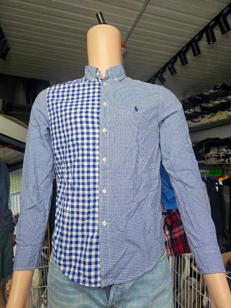 Polo Ralph Lauren long-sleeve button-down shirt (Category: Formal Shirts) located in Baguio. Submitted by kayeonlineshop (Listing ID 1468298767, Image 2). Description: Polo Ralph Lauren long-sleeve button-down shirt featuring an asymmetrical or "fun/crazy" pattern mix of blue and white gingham checks..