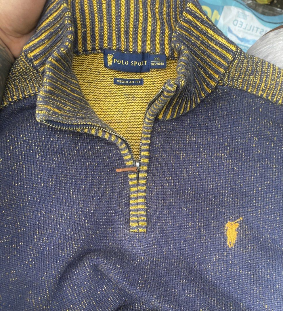 POLO SPORT (Category: Hoodies) located in Dipolog. Submitted by wazienwathskin (Listing ID 1468346314, Image 2). Description: Want to sell 🚨 navy blue x mustard yellow colorway 📌Polo sport quarter-zip •authentic •lightly used •size : 27L x 22W •unique striped ribbed detailing • knitted •no issue Loc : Mindanao open for vouch / vc ..