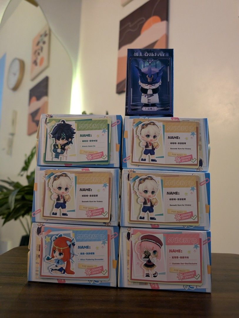 Pop Mart Genshin Impact Student ID Blind Box Figures (Category: Designer & Blind Box Toys) located in Quezon City. Submitted by cutestlilshit (Listing ID 1468311495, Image 1). Description: - 100% Brand New & Sealed Pop Mart Genshin Impact Student ID Mystery Boxes - Available Characters: Kinich, Bennett, Nilou, Charlotte, and Fatui Rooster Pulcinella - Perfect for collectors and Genshin Impact players - Buy individually or grab the whole bundle - 