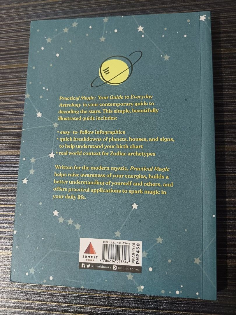 Practical Magic Your Guide To Everyday Astrology Chinggay Labrador (Category: Storybooks) located in Taguig. Submitted by joeeey23 (Listing ID 1468398970, Image 2). Description: - Title: Contemporary Guide to Decoding the Stars - Author: Chinggay Labrador - Publisher: Summit Books - Format: Paperback with a stylish blue star pattern cover - Features easy-to-follow infographics, planet/house/sign breakdowns, and real-world zodiac archetypes - Perf