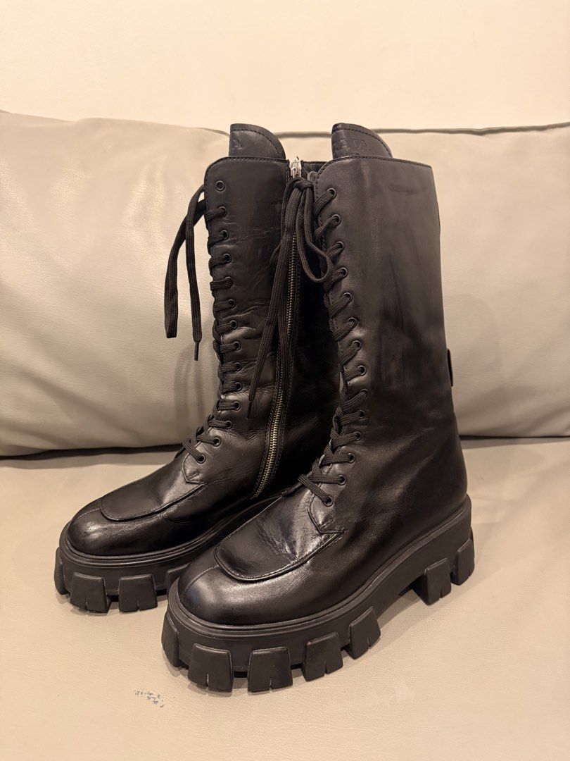 Prada Monolith Boots (Category: Boots) located in Binan City. Submitted by thenocturneones (Listing ID 1468358308, Image 2). Description: Flaw : Creases but still very presentable Size - 38 Pair only, no other inclusions Negotiable, send me a dm .