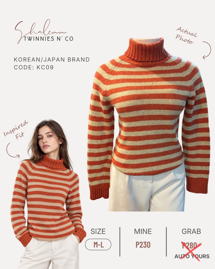Premium Knitted Turtle neck Stripes (Category: Longsleeves) located in Baguio. Submitted by twinniesnco (Listing ID 1468412360, Image 1). Description: M-L.