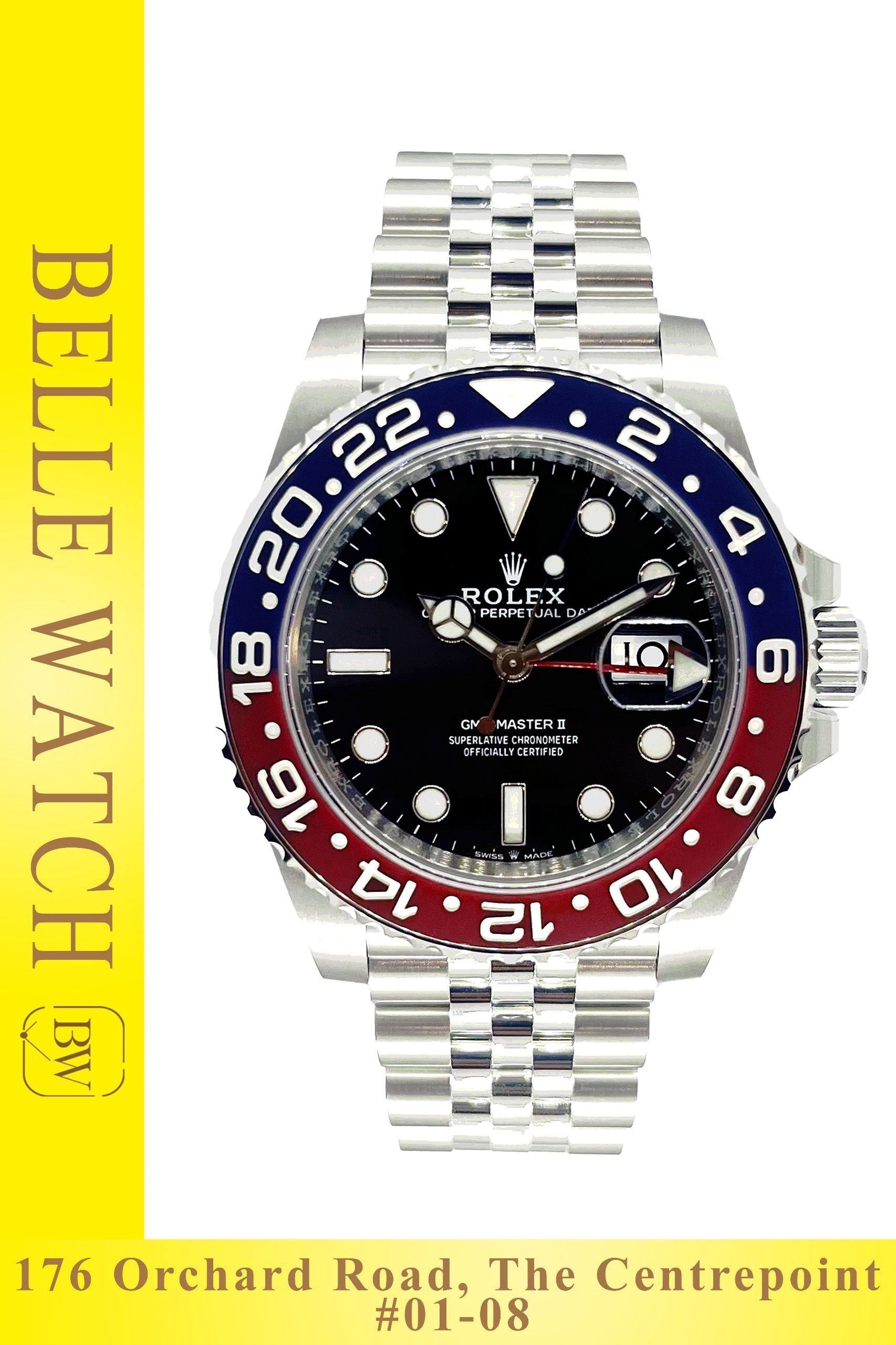 Preowned 2019 Rolex 126710BLRO GMT-Master II Black Dial Stainless Steel Jubilee Bracelet ""Pepsi"" (Category: Watches) located in Singapore. Submitted by bellewatchsg (Listing ID 1468335203, Image 1). Description: Preowned 2019 Rolex 126710BLRO GMT-Master II Black Dial Stainless Steel Jubilee Bracelet ""Pepsi"" ** Shop Based ** **Mint Condition, Like New** Case Size : 40MM Dated: December 2019 Dial: Black Bracelet Material: Stainless Steel Jubile