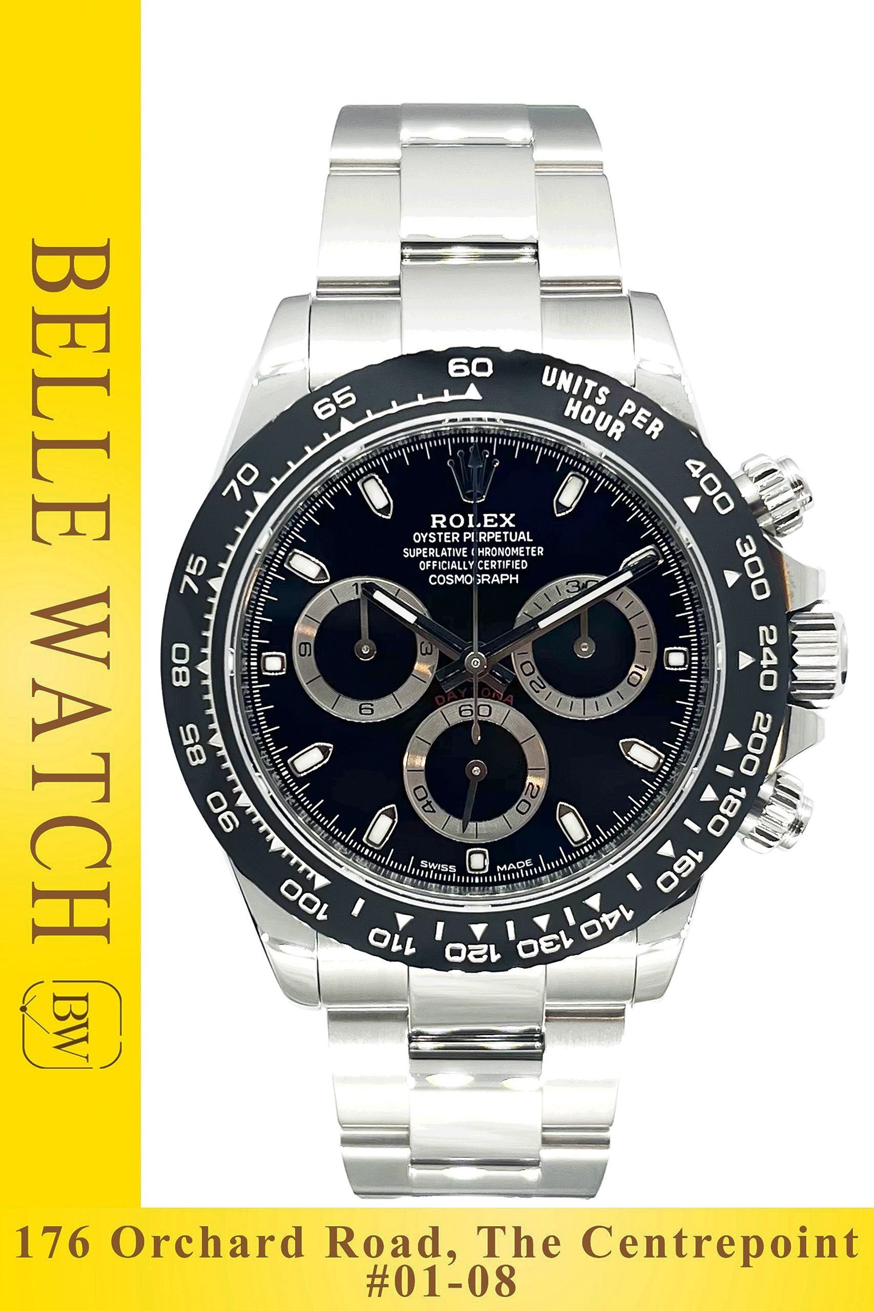 Preowned 2021 Rolex 116500LN Daytona Cosmograph Black Dial Stainless Steel Oyster Bracelet ""Godzilla"" (Category: Watches) located in Singapore. Submitted by bellewatchsg (Listing ID 1468384561, Image 1). Description: Preowned 2021 Rolex 116500LN Daytona Cosmograph Black Dial Stainless Steel Oyster Bracelet ""Godzilla"" ** Shop Based ** **Mint Condition, Like New** Case Size: 40MM Dated: November 2021 (Factory Agent Warranty until November 2026)