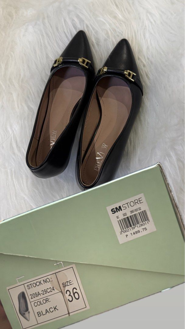 Preview Black Pointed Toe Heels Size 36 (Category: Heels) located in Subic. Submitted by juls_mp (Listing ID 1468369965, Image 2). Description: - Brand: Preview - Style: Black pointed-toe heels with gold hardware detail - Size: 36 - Condition: Like new, used once (graduation lang nagamit) - Inclusions: Original box from SM Store.