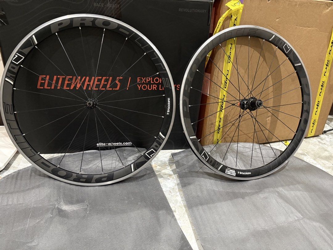 PRO LITE Bracciano rim brake wheelset (Category: Bicycles) located in Muntinlupa City. Submitted by pinkmoscat.o (Listing ID 1468425004, Image 1). Description: Selling Pro Lite Bracciano rim brake wheelset tubeless ready, clincher type depth: 42mm with Ultegra brake shoes included RFS: upgrade Shipping via lalamove shouldered by buyer Location: Muntinlupa Payment via Gcash, BPI, or RCBC only.