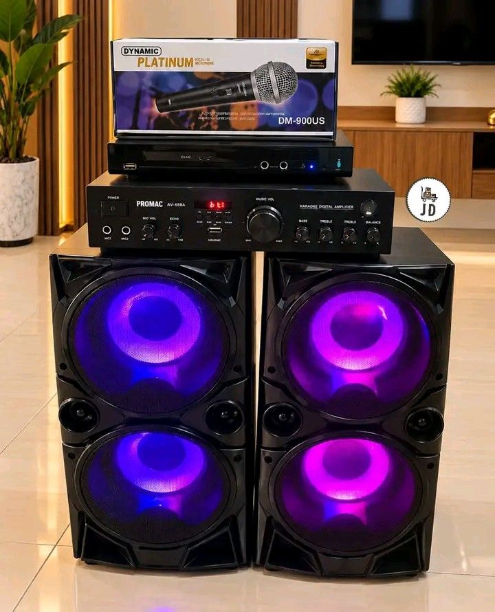 Promac Speaker Set (size 6) 🆓 Microphone (Category: Soundbars, Speakers & Amplifiers) located in Manila. Submitted by berdenmarl01688 (Listing ID 1468484565, Image 1). Description: - Complete ready-to-use karaoke setup for home parties and bonding sessions - Promac AV-688A digital amplifier for clear sound - Dual large speakers equipped with cool purple glowing lights - Platinum DM-900US vocal microphone included with its original box - DVD play