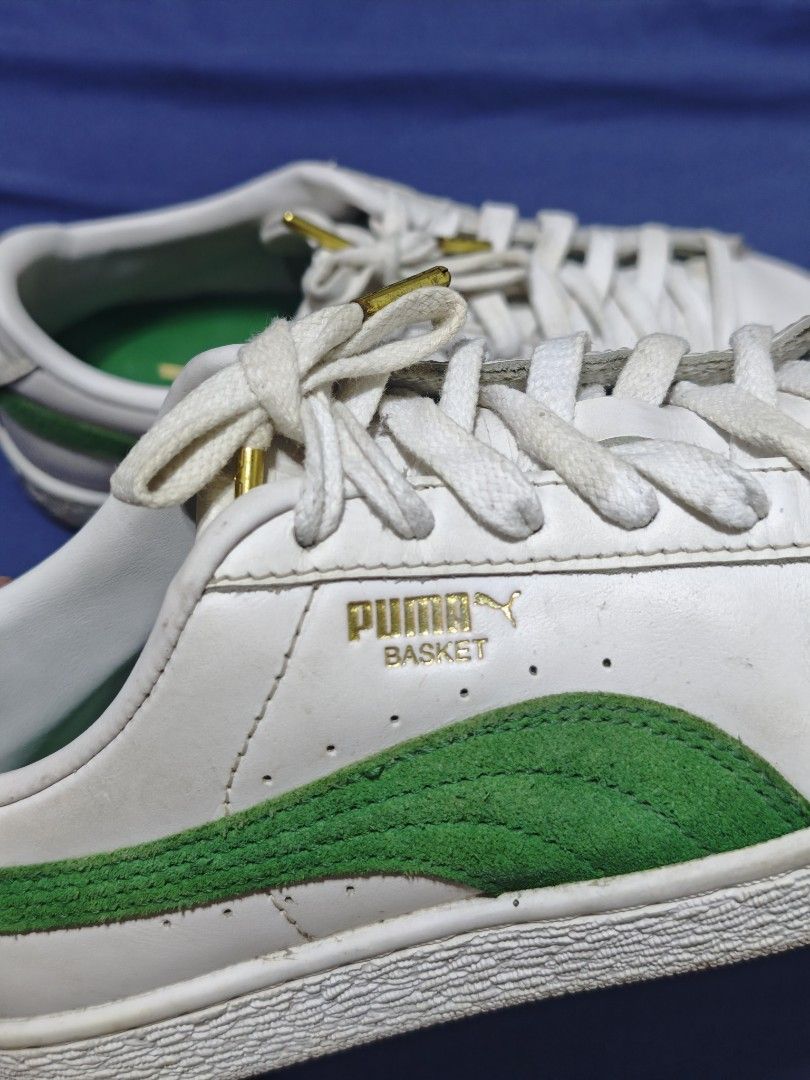 Puma Basket 75Y White Green Sneakers (Category: Sneakers) located in Pasay City. Submitted by clotheslinemanila (Listing ID 1468454575, Image 3). Description: Details: Gold Puma side branding, green inner soles with '75' print, white laces with gold - Condition: Normal signs of wear on the leather and laces • Model & Edition: Puma Basket Classic 75th Anniversary Edition • Colorway: PUMA White / Archive Green / PUMA Gold • Style Number: 394338-02 