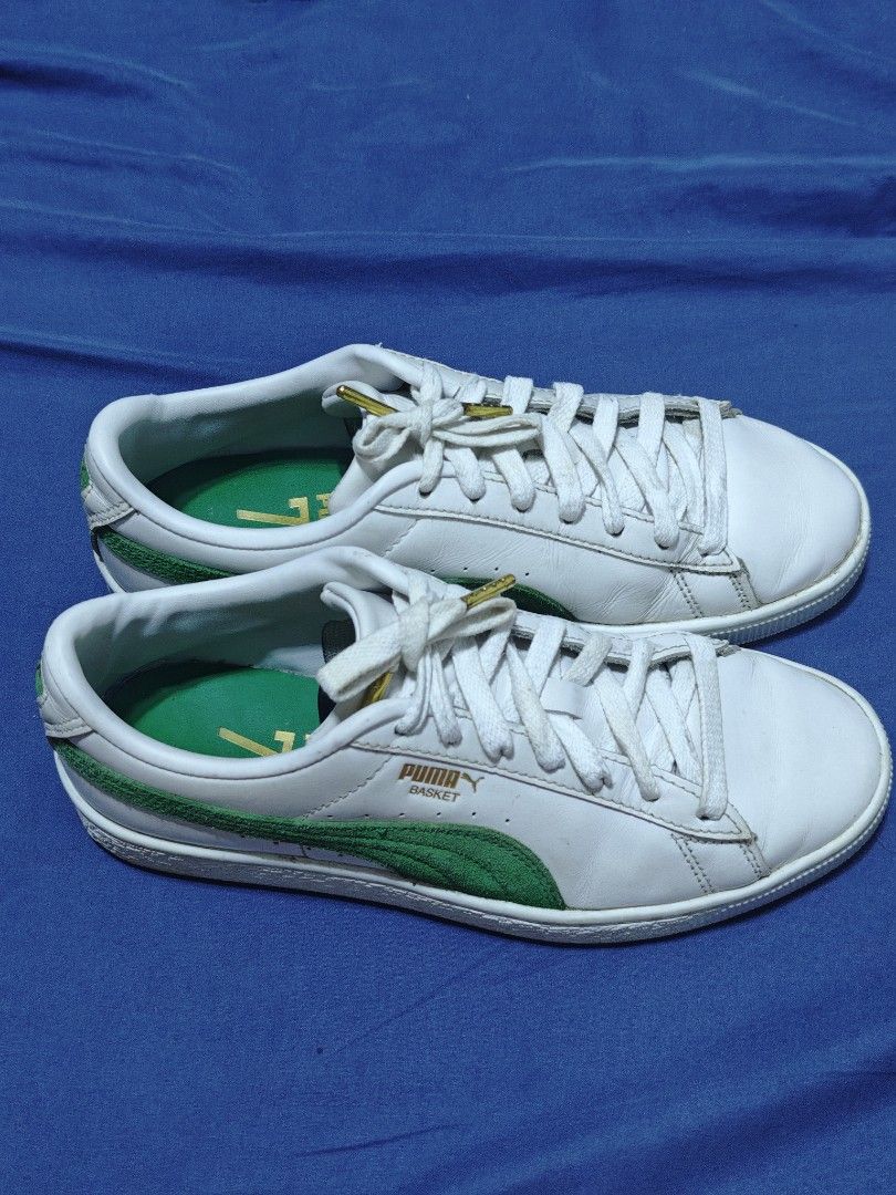 Puma Basket 75Y White Green Sneakers (Category: Sneakers) located in Pasay City. Submitted by clotheslinemanila (Listing ID 1468454575, Image 2). Description: Details: Gold Puma side branding, green inner soles with '75' print, white laces with gold - Condition: Normal signs of wear on the leather and laces • Model & Edition: Puma Basket Classic 75th Anniversary Edition • Colorway: PUMA White / Archive Green / PUMA Gold • Style Number: 394338-02 