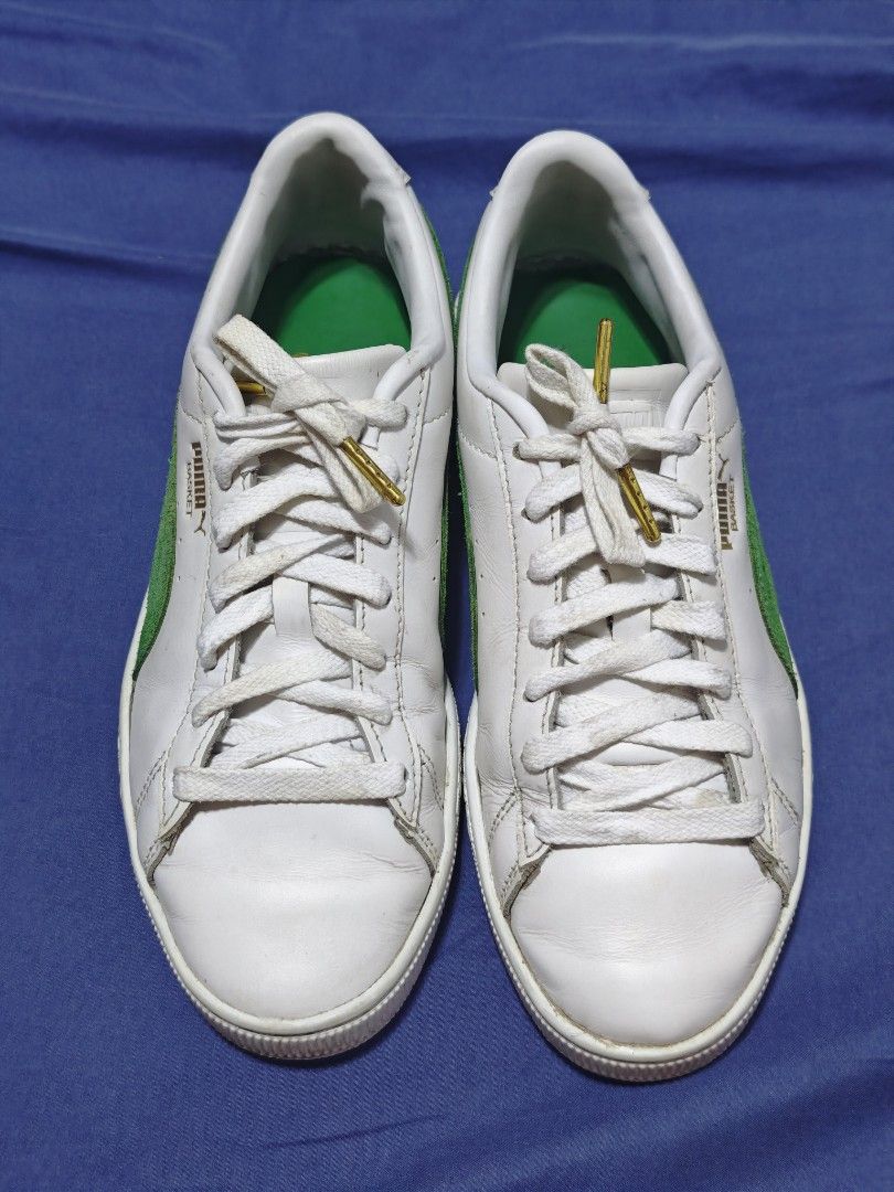 Puma Basket 75Y White Green Sneakers (Category: Sneakers) located in Pasay City. Submitted by clotheslinemanila (Listing ID 1468454575, Image 1). Description: Details: Gold Puma side branding, green inner soles with '75' print, white laces with gold - Condition: Normal signs of wear on the leather and laces • Model & Edition: Puma Basket Classic 75th Anniversary Edition • Colorway: PUMA White / Archive Green / PUMA Gold • Style Number: 394338-02 