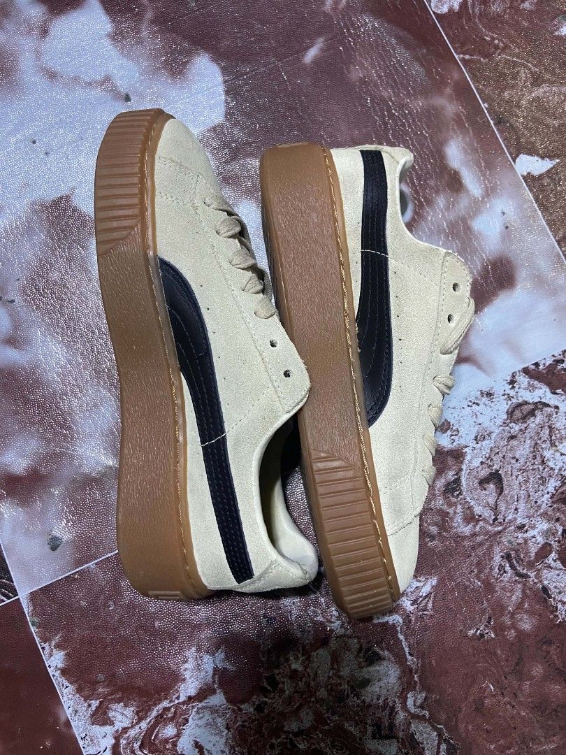 Puma Suede Platform Gum Sole Sneakers (Category: Sneakers) located in Manila. Submitted by alexson10 (Listing ID 1468449412, Image 3). Description: - Brand/Model: Puma sneakers - Color/Material: Beige suede with black side stripes - Sole: Thick gum platform with textured rubber for extra grip - Details: Gold foil branding on tongue and side, unique repeated Puma logo print on insoles - Closure: Regular lace-up - Style: Classic chunky silhouette S