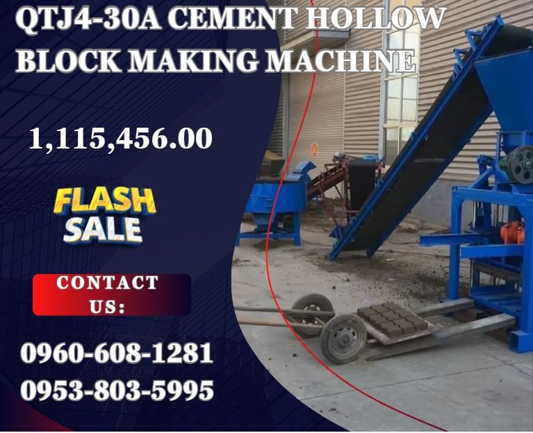 QTJ4-30A Cement Hollow Block Making Machine (Category: Everything Else Others) located in Aroroy. Submitted by 09602831019 (Listing ID 1468356198, Image 1). Description: *Brick Type: Standard /Hollow/pavement Brick *Power: 11.8kw/semi-auto *Carriage Size: 850*450*25mm *Production Capacity: 240*115*52mm 21pcs/mould 400*200*200mm 4pcs/mould 400*150*200mm 5pcs/mould *Overall Size: 1360*1650*2660mm *Total Mass: 1600KG .