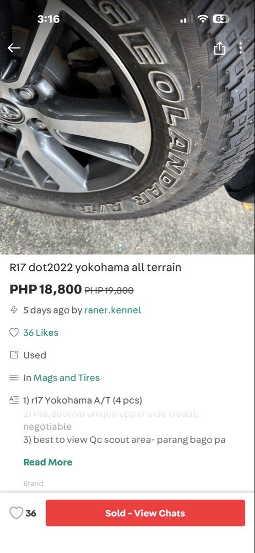 R17 yokohama All Terrain (Category: Mags and Tires) located in Quezon City. Submitted by raner.kennel (Listing ID 1468414100, Image 2). Description: 1) 2022 yokohama All Terrain 2) R17 255/65/17 3) Dot 2022- expires 2028 4) estimated thread life +90% 5) view Scout Area QC 6) contact at 0917 8971949 faster response .