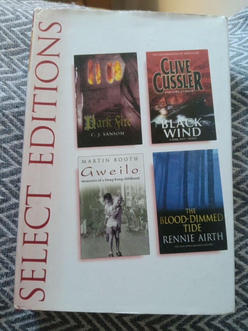 Reader's Digest Select Editions (Category: Storybooks) located in Bacolor. Submitted by appletun (Listing ID 1468360062, Image 2). Description: all sales final. no returns/refunds/exchange. mop: gcash. no cod/cop/sco. handling/mod: spx +P70sf. - Reader's Digest Select Editions hardcover book - Contains 4 bestselling novels in one volume: Dark Fire by C.J. Sansom, Black Wind by Clive & Dirk Cussler, Gweilo by Martin Booth, and The Blood-Dimmed Tid