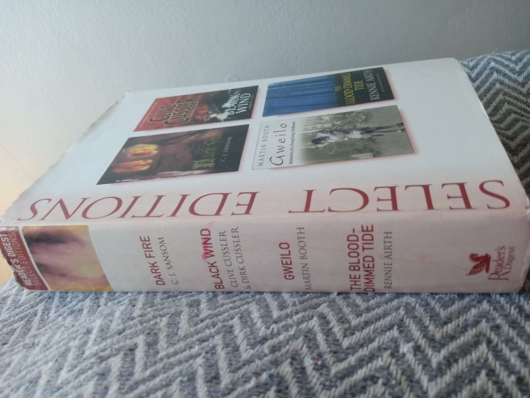 Reader's Digest Select Editions (Category: Storybooks) located in Bacolor. Submitted by appletun (Listing ID 1468360062, Image 3). Description: all sales final. no returns/refunds/exchange. mop: gcash. no cod/cop/sco. handling/mod: spx +P70sf. - Reader's Digest Select Editions hardcover book - Contains 4 bestselling novels in one volume: Dark Fire by C.J. Sansom, Black Wind by Clive & Dirk Cussler, Gweilo by Martin Booth, and The Blood-Dimmed Tid