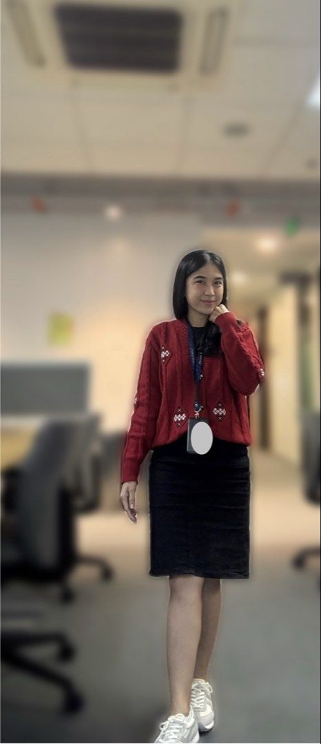 Red Cable Knit V-Neck Cardigan with Diamond Patterns (Category: Coats, Jackets and Outerwear) located in Bacoor. Submitted by tummybeautyph (Listing ID 1468430963, Image 2). Description: - Color: Bright red - Size: Small to Medium - Design: Diamond knit pattern on front and sleeves - Neckline: V-neck cut - Details: Distinctive dark patterned buttons, ribbed cuffs and hem - Material: Soft and comfortable cable knit - Fit: Comfortable for daily wea