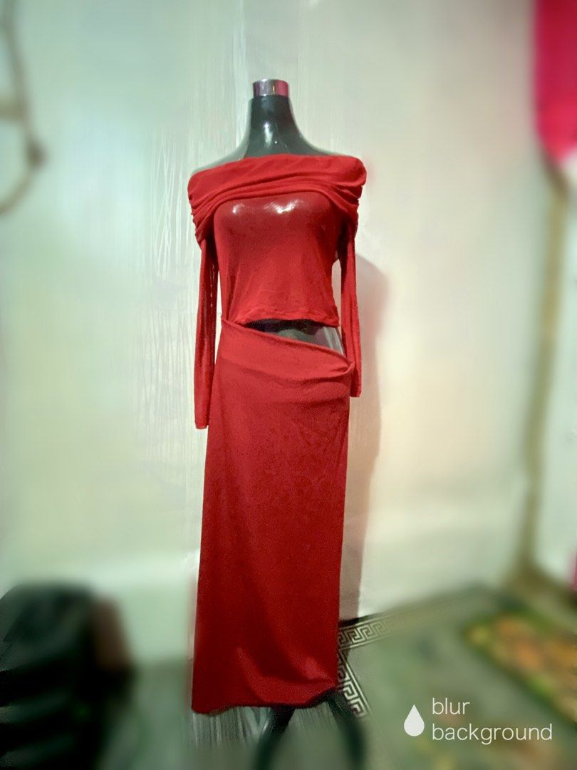 Red Off-Shoulder Long Dress (Category: Evening dresses & gowns) located in Boac. Submitted by hiddenjems (Listing ID 1468364238, Image 1). Description: - Color: Rich, vibrant bright red - Set includes: Off-shoulder long sleeve top and matching high-waist maxi skirt - Fit: Exposes a stylish sliver of the midriff - Material: Smooth, solid fabric for a comfortable and sleek fit - Occasion: Ideal for parties, romantic dinners, and evening outings - C