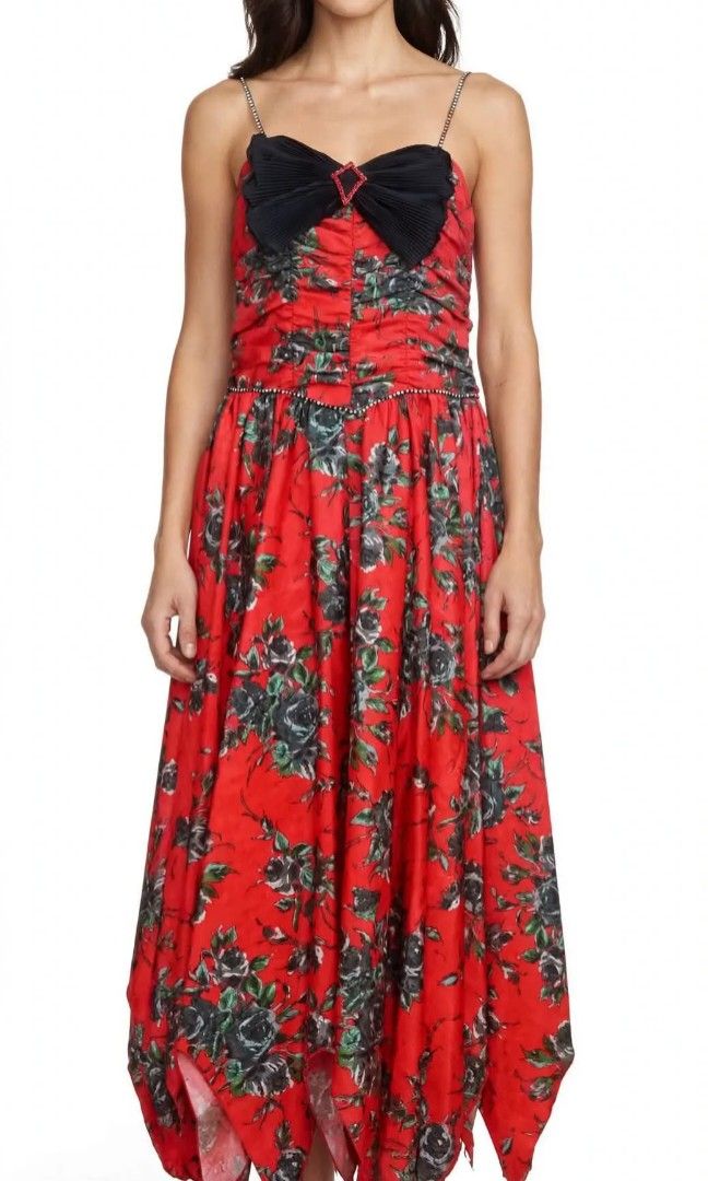 Red printed long dress (Category: Dresses) located in Las Pinas. Submitted by apples_here (Listing ID 1468303048, Image 2). Description: New Bought in Japan Long dress Red printed With Gems and Ribbon (see photos).
