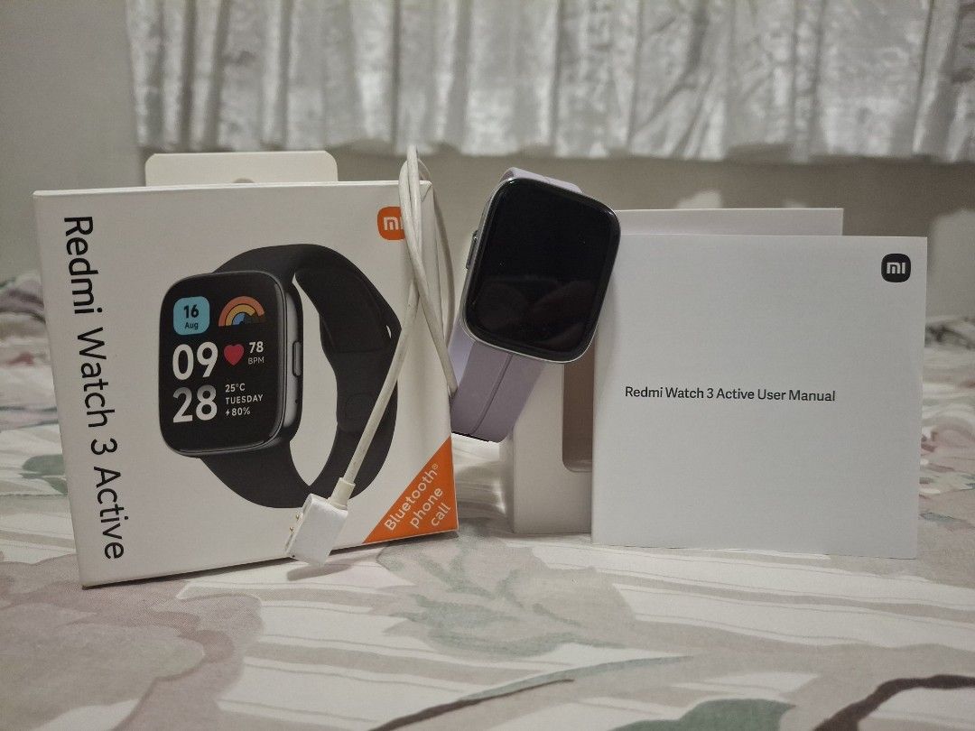 Redmi Watch 3 Active (Category: Wearables & Smart Watches) located in Pasig City. Submitted by sinosinat87 (Listing ID 1468322208, Image 1). Description: comes with a purple magnetic strap, but the original strap is included in the box. MOP: Gcash MOD: Grab, Lalamove.