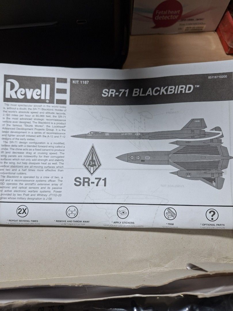Revell SnapTite SR-71 Blackbird Model Kit (Category: Gundam & Model Kits) located in Baguio. Submitted by restyrille77846 (Listing ID 1468284789, Image 3). Description: - Brand: Revell SnapTite - Model: SR-71 Blackbird Airplane - Skill Level: 1 (Easy snap assembly, no glue or painting required) - Condition: Unopened plastic parts in original packaging with original box - Inclusions: Instruction manual, original sticker sheet, and bonus action dec