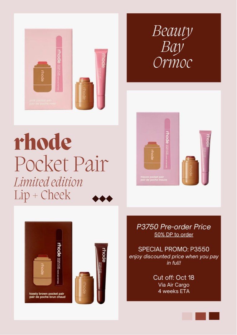 Rhode Pocket Pair Limited Edition Lip + Cheek (Category: Makeup) located in Leyte. Submitted by modernpersephone (Listing ID 1468286143, Image 1). Description: - Exclusive holiday combo: Pocket blush + peptide lip tint for a monochromatic look - Pre-order price: P3750 (requires 50% down payment) - Special promo price: P3550 for payments in full - Cut-off date: October 18 - Shipping: Via air cargo with 4 weeks ETA - DM to reserve yours today!.