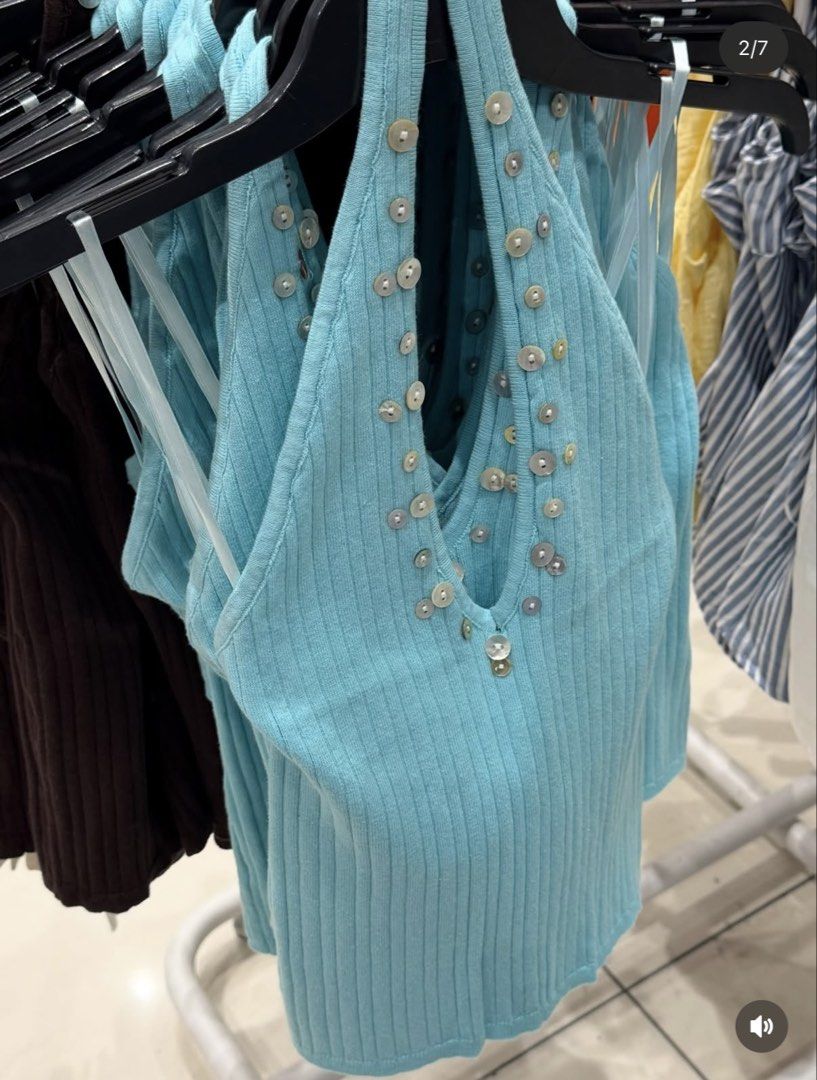 Ribbed Halter Top with Button Embellishments (Category: Sleeveless) located in Marikina City. Submitted by __juliaselects (Listing ID 1468454580, Image 1). Description: Valleygirl (aussie brand) teal/brown halter top ₱990 Suggest to size up (get an M if size S) But material is stretchy Available sizes: S & M Arriving in the PH on Oct 19!.
