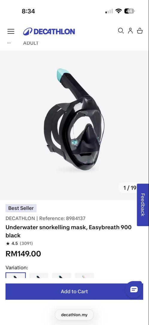 Rm50 for both (Category: Water Sports) located in Sungai Buloh. Submitted by syahiraazmi (Listing ID 1468416613, Image 3). Description: 1) Decathlon Easybreath 900 black full face mask included 2) White and mint green comfort anti-fog mask dry top snorkel set - Perfect gear setup for beach trips and underwater exploration. - Both items never used. .