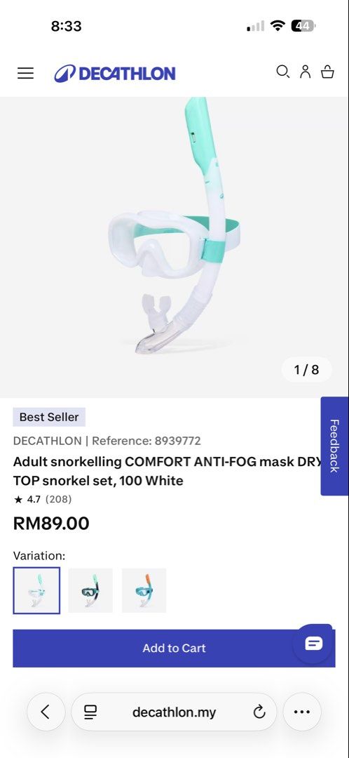 Rm50 for both (Category: Water Sports) located in Sungai Buloh. Submitted by syahiraazmi (Listing ID 1468416613, Image 2). Description: 1) Decathlon Easybreath 900 black full face mask included 2) White and mint green comfort anti-fog mask dry top snorkel set - Perfect gear setup for beach trips and underwater exploration. - Both items never used. .