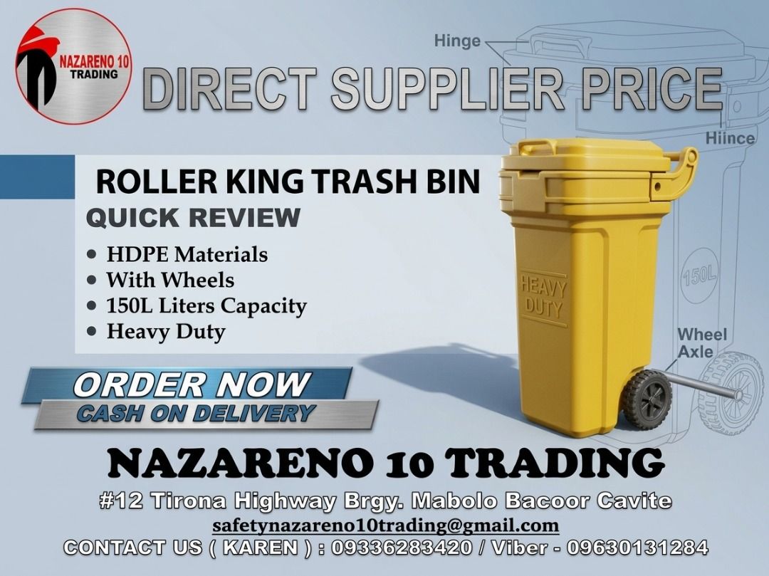 Roller King Trash bin With Wheels (Category: Looking For) located in Bacoor. Submitted by kajezame.2021 (Listing ID 1468290917, Image 1). Description: Roller King Trash bin With Wheels Available Capacity : 150 Liters 250 Liters For More Details and Discount Contact Ms. Karen NAZARENO 10 TRADING 0963 0131 284 0933 6283 420 0956 7028 557 0933 8559 510 Landline: Look for Ms. Karen (046 ) 416 3920 Also available: • Traffic cone • Parking Block stoppe