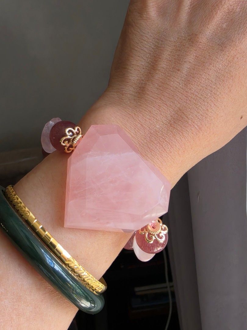 Rose quartz hearts with strawberry quartz (Category: Bracelets) located in Manila. Submitted by cavalierdolls (Listing ID 1468362975, Image 2). Description: 💕 Pretty in pink! 🌸✨ A stunning Rose Quartz Heart, delicate heart charms, and Strawberry Quartz beads with elegant gold accents. 🍓💗 A sweet little reminder to embrace love and self-love! Message us to order! #RoseQuartz #StrawberryQuartz #CrystalJewelry #HeartBracelet #SelfLove.