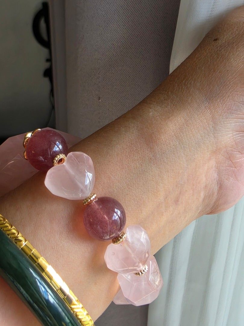 Rose quartz hearts with strawberry quartz (Category: Bracelets) located in Manila. Submitted by cavalierdolls (Listing ID 1468362975, Image 3). Description: 💕 Pretty in pink! 🌸✨ A stunning Rose Quartz Heart, delicate heart charms, and Strawberry Quartz beads with elegant gold accents. 🍓💗 A sweet little reminder to embrace love and self-love! Message us to order! #RoseQuartz #StrawberryQuartz #CrystalJewelry #HeartBracelet #SelfLove.