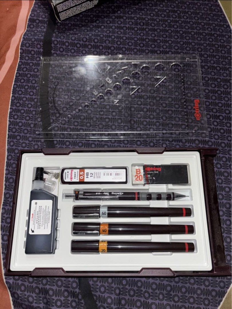 Rotring Isograph College Set (Category: Art & Prints) located in Manila. Submitted by mail_liam (Listing ID 1468300288, Image 3). Description: Negotiable Isograph College Set. 3 Isograph pens, 1 Tikky mechanical pencil 0.5, 12 HB leads, 1 B20 eraser, 1 bottle of ink 23ml, 1 compass attachment Didn’t even used, not even once. Plastic wrap on eraser, not used mechanical pencil, complete nibs (0.2, 0.4, 0.6), HB Leads haven’t been open, Ink is still