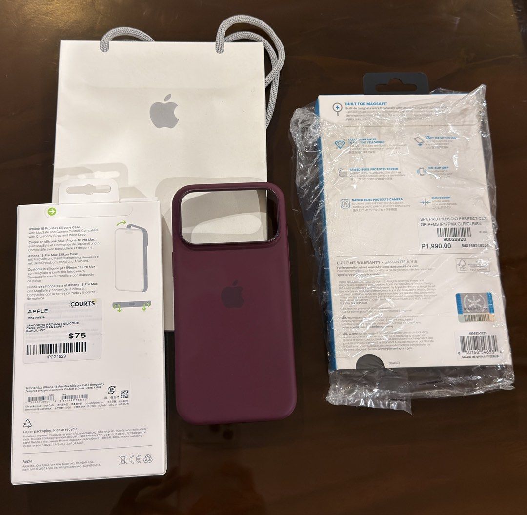RUSH! iPhone 18 Pro Max Original Silicone Case + Speck Case (Category: Cases & Sleeves) located in Makati City. Submitted by beyond199 (Listing ID 1466636000, Image 2). Description: Hi! I am selling brand new, authentic Apple iPhone 18 Pro Max Silicone Case in Burgundy for 2,399 pesos only and the Speck Original Presidio case for 995 pesos only. Apple iPhone 18 Pro Max Silicone Case in Burgundy was purchased in the Apple Store Courts in Singapore