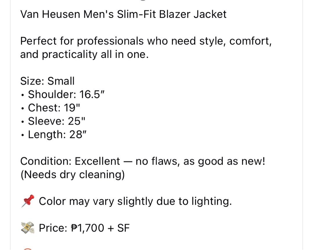 (S) Van Heusen Men's Slim Blazer Jacket (Category: Coats, Jackets and Outerwear) located in Bulacan. Submitted by cavalieeeer (Listing ID 1468323092, Image 2). Description: 𝗣𝗟𝗘𝗔𝗦𝗘 𝗥𝗘𝗔𝗗 𝗧𝗛𝗘 𝗗𝗘𝗧𝗔𝗜𝗟𝗦 𝗜𝗡 𝗧𝗛𝗘 𝟮𝗡𝗗 𝗣𝗜𝗖𝗧𝗨𝗥𝗘! We base sizing on actual measurements, not tag size — please check the dimensions before buying! 📌 Prices are fixed. Unreasonable offers will not be entertained. 🌐 Facebook Page: Cavalier 📍 Locat