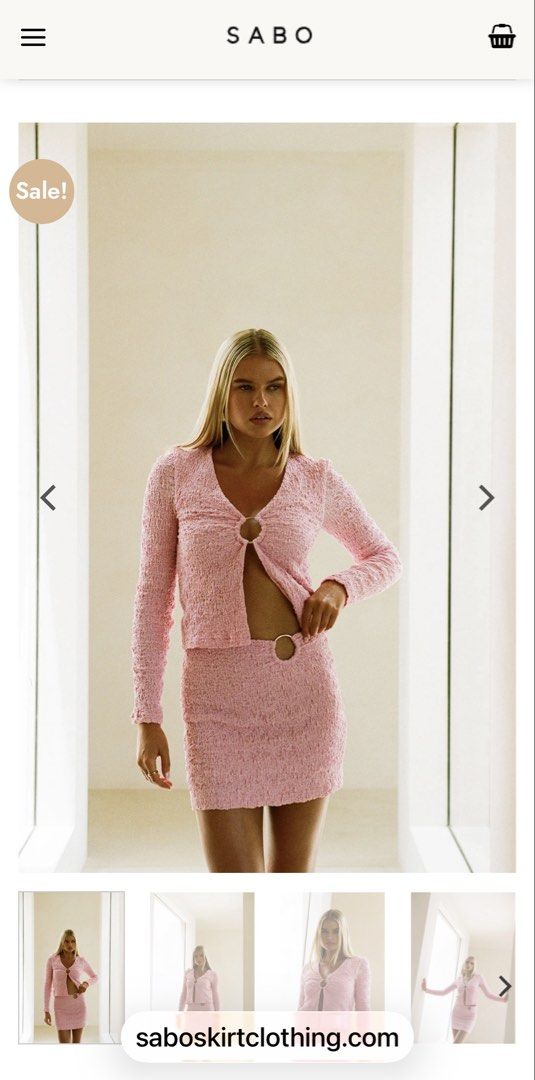 SABO Skirt Pink Textured Ring Two Piece Set Size M (Category: Sets or Coordinates) located in Quezon City. Submitted by mikaela_0 (Listing ID 1468354468, Image 1). Description: - Brand: SABO Skirt - Style: Pink two-piece set with long sleeve top and matching mini skirt - Material: Textured crinkle fabric - Details: Gold ring front closure on top, waist cutout with matching ring hardware on skirt - Size: both M (AU 10, US 6), fits small to medium 