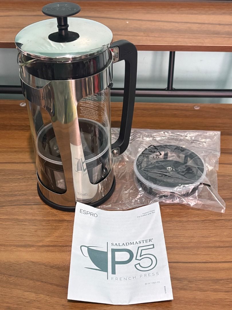 Saladmaster + ESPRO P5 French Press (Category: Other Kitchen Appliances) located in Baguio. Submitted by shine.dream.smile (Listing ID 1468320797, Image 1). Description: Condition - Opened but unused - Damages/imperfections: Original box is slightly damaged (discolorations, stains and tears). Details - Carafe capacity: 32 oz / 950 mL - Inclusions: Actual product components (as seen in the photos), manual, plastic covers, bubble wrap, original box