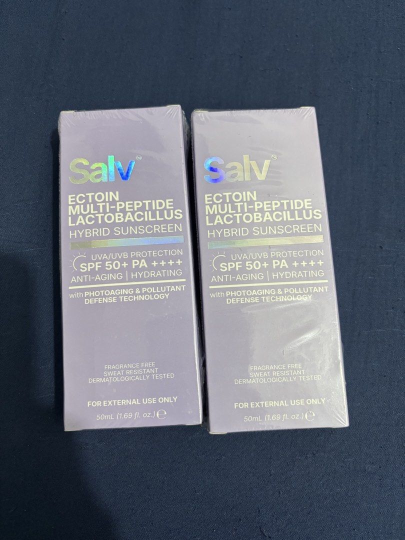 Salv Ectoin Multi-Peptide Lactobacillus Hybrid Sunscreen 50ml (Category: Face Care) located in Dasmarinas. Submitted by thriftedgirlie (Listing ID 1468321777, Image 1). Description: Salv Ectoin Multi-Peptide Lactobacillus Hybrid Sunscreen 50ml bottle SPF 50+ PA++++ (UVA/UVB, photoaging, and pollutant defense) - Formula: Anti-aging, hydrating, fragrance-free, sweat-resistant, and dermatologically tested - Texture: Opaque gel cream Take All! Rfs: G
