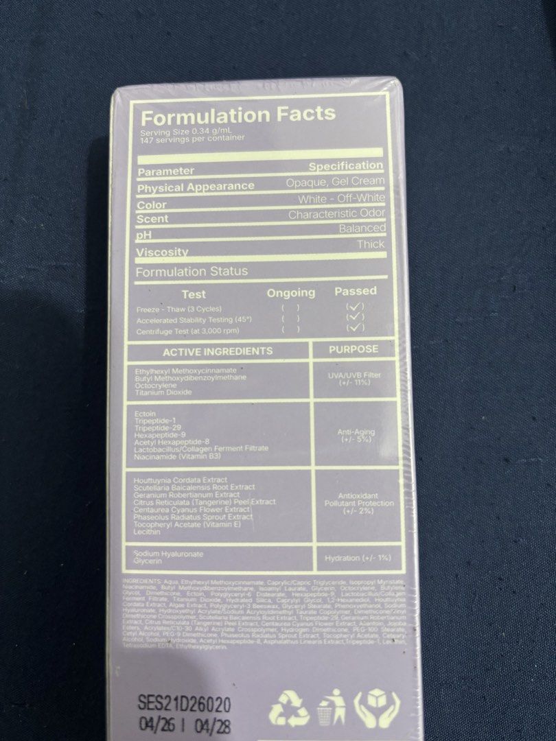 Salv Ectoin Multi-Peptide Lactobacillus Hybrid Sunscreen 50ml (Category: Face Care) located in Dasmarinas. Submitted by thriftedgirlie (Listing ID 1468321777, Image 3). Description: Salv Ectoin Multi-Peptide Lactobacillus Hybrid Sunscreen 50ml bottle SPF 50+ PA++++ (UVA/UVB, photoaging, and pollutant defense) - Formula: Anti-aging, hydrating, fragrance-free, sweat-resistant, and dermatologically tested - Texture: Opaque gel cream Take All! Rfs: G