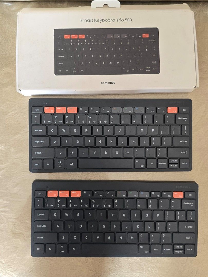 Samsung Keyboard Trio 500 (Category: Computer Keyboard) located in Caloocan City. Submitted by mursedani (Listing ID 1468384380, Image 3). Description: Purchased: November 2024 and Good as new! RFS: Hindi ginagamit, prefer handwritten mag notes. Used only once. 1k each Details: 2pcs. /w box 1pc w/o box ✅ Used only ONCE ✅ Complete with original box ✅ No scratches, dents, or damage ✅ All keys are in excellent condition ✅ Compatible with any bluetoo